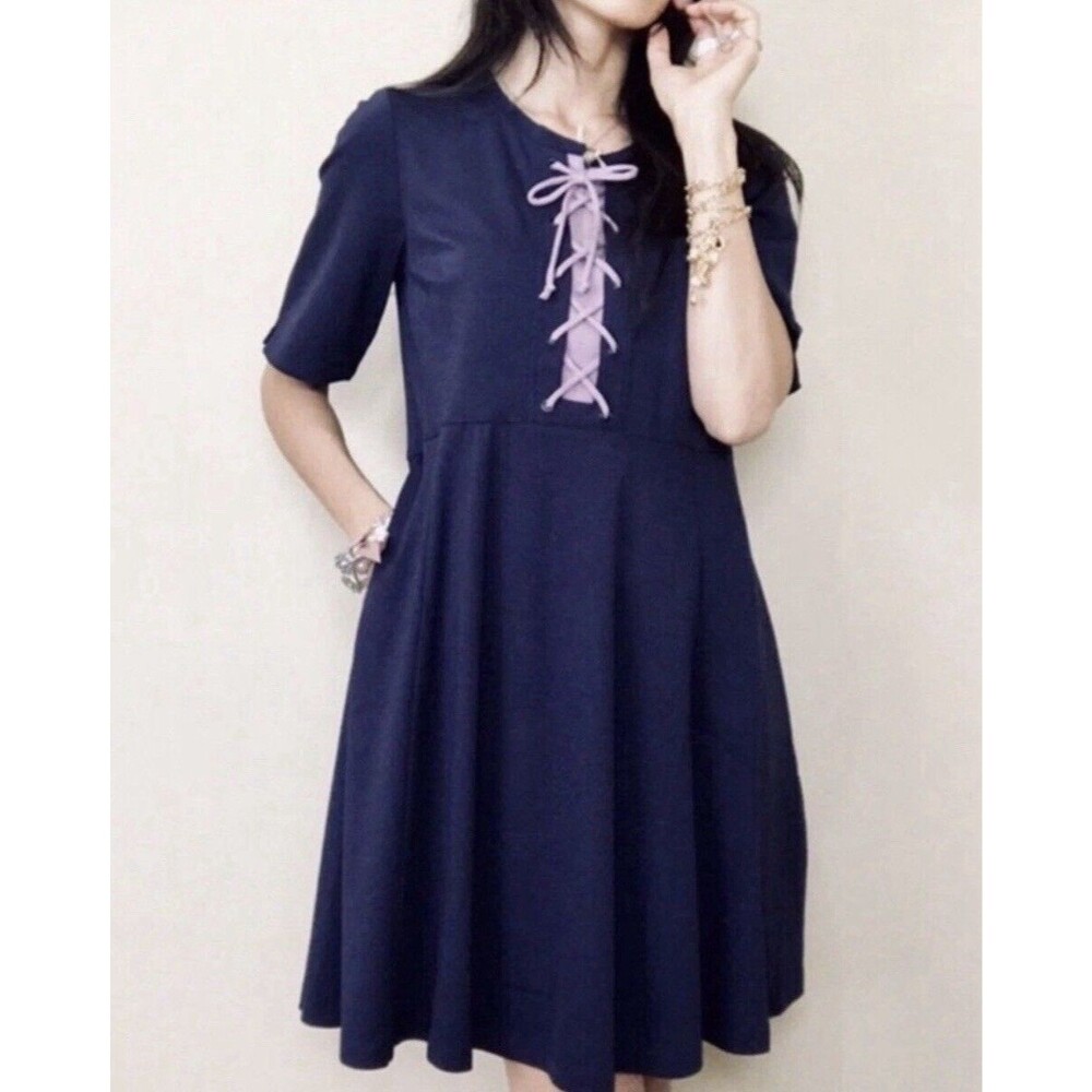 Maeve by Anthropologie Renaissance Lace Up Corset Dress Navy Midi Pockets L